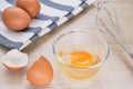 Fresh egg in bowl and metal whisk Royalty Free Stock Photo