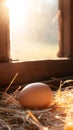 Fresh egg resting on straw in chicken coop by sunlight window Royalty Free Stock Photo