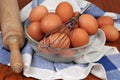 Fresh egg salad bowl with whisk and rolling pin in close-up Royalty Free Stock Photo