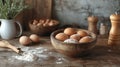 Fresh eggs and flour on a rustic kitchen table for baking and cooking Royalty Free Stock Photo