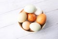 Fresh eggs from free range chickens on a small farm, beautiful colorful eggs from different breeds of chickens Royalty Free Stock Photo