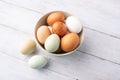 Fresh eggs from free range chickens on a small farm, beautiful colorful eggs from different breeds of chickens Royalty Free Stock Photo