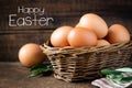 Fresh eggs in a willow basket