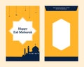 Fresh eid al fitr mubarak money template design with mosque silhouette background. Front and back side islam holiday celebration