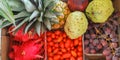 Fresh exotic fruits like anona, pineapple, grapes, dragon fruits sold at the local market Royalty Free Stock Photo