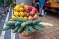 Madeira, Portugal. Fresh exotic fruits in market Mercado in Dos Lavradores.