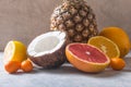 Fresh exotic fruits a on pastel grey  background - pineapple, grapefruit, coconut, orange Royalty Free Stock Photo