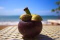 Fresh exotic mangostin fruit at a balinese beach