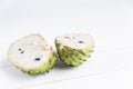 Fresh exotic tropical fruit. Two halfs of custard apple isolated on white background, annona cherimoya.