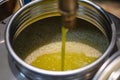 Fresh extra virgin olive oil pouring into tank at a cold-press factory Royalty Free Stock Photo