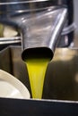 Fresh extra virgin olive oil pouring into tank at a cold-press factory Royalty Free Stock Photo