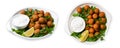 Fresh Falafel with Yogurt Sauce on Plate, Tasty Vegetarian Meal on White Background