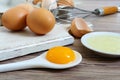 Fresh farm eggs on a wooden rustic background. Royalty Free Stock Photo