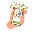 Fresh Farm grocery market. Food service online order and Delivery. Human hand holding a mobile smartphone with natural vegetables