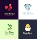 Fresh farm logos set. Vector labels for business with products from chicken meat, milk, dairy, eggs and olives. Royalty Free Stock Photo