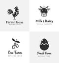 Fresh farm logos set. Vector labels for business with products from chicken meat, milk, dairy, eggs and olives. Royalty Free Stock Photo
