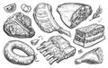 Fresh farm meat products. Hand drawn illustration for butcher shop or restaurant menu. Sketch engraved style Royalty Free Stock Photo
