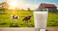 Fresh farm milk in glass with pasture cows and rustic barn background Royalty Free Stock Photo