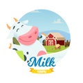 Fresh farm milk vector banner with cartoon character happy cow