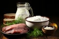 Fresh Farm Products. Homemade Cheese, Cottage Cheese, Sausages, Lard, and Olive Oil in Rustic Style