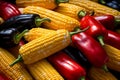 Fresh Farm Products - Sweet Corn Cobs, Assorted Peppers, Top View Display at Market