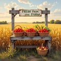 Fresh From the Farm Stand with Baskets of Tomatoes and Corn in Countryside Field Royalty Free Stock Photo