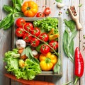 Fresh farm vegetables and herbs on rustic background. Royalty Free Stock Photo