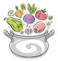 Fresh farm vegetables and kitchen pot. Food cooking ingredients in saucepan. Vector illustration Royalty Free Stock Photo