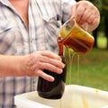 Fresh farmer organic honey poured into glass jar