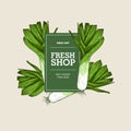 Fresh farmer shop design template with hand drawn leek illustration. Sample sign and frame. Vector drawing.