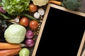 Fresh farmers market fruit and vegetable from above with blackboard, flat lay, food for healthy concept Royalty Free Stock Photo