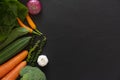 Fresh farmers market fruit and vegetable from above with copy space on black background, healthy food concept Royalty Free Stock Photo