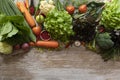 Fresh farmers market fruit and vegetable from above with copy space on the table, healthy food concept Royalty Free Stock Photo