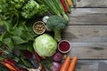 Fresh farmers market fruit and vegetable from above with copy space on the wooden table, healthy food concept Royalty Free Stock Photo