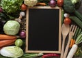 Fresh farmers market fruit and vegetable and blackboard from above with copy space, healthy food concept Royalty Free Stock Photo