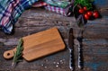 Fresh farmers tomatoes and basil on wood table. View from above with copy space Royalty Free Stock Photo