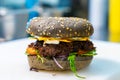 Fresh fast food hamburger. Delicious yummy burger with tasty sauce. Royalty Free Stock Photo