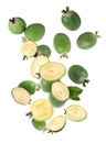 Fresh feijoa fruits and green leaves falling on white Royalty Free Stock Photo