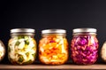 Fresh Fermented vegetables in jars on dark background
