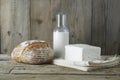 Fresh feta cheese with bottle of milk and bread Royalty Free Stock Photo