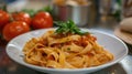 Fresh fettuccine pasta with flour dusting, basil leaves, and tomato on a wooden board Royalty Free Stock Photo