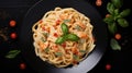 Fresh-Fettuccini pasta with prawn and mushroom tomatoes food photography white plate dark background