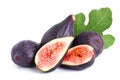 Fresh fig fruit and half with leaf isolated on white background Royalty Free Stock Photo
