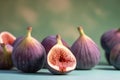 Fresh figs on a blue background. Selective focus. Generative AI