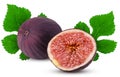 Fresh figs fruit one cut in half with leaf Royalty Free Stock Photo