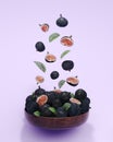 Fresh figs fruits and slices of figs falling and levitating, purple background , 3d rendering.