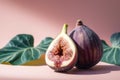 Fresh figs with leaves on a pink background. Selective Focus. Generative AI