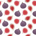 Fresh figs whole and cut in quarter and half on white background. Vector seamless pattern. Royalty Free Stock Photo