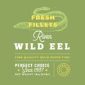 Fresh Fillets Premium Quality Label . Abstract Vector Fish Packaging Design Layout. Retro Typography with Borders and