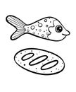 Fresh fish and bread coloring page for kids funny vector graphic elements. Biblical story parables Christ fed people vector